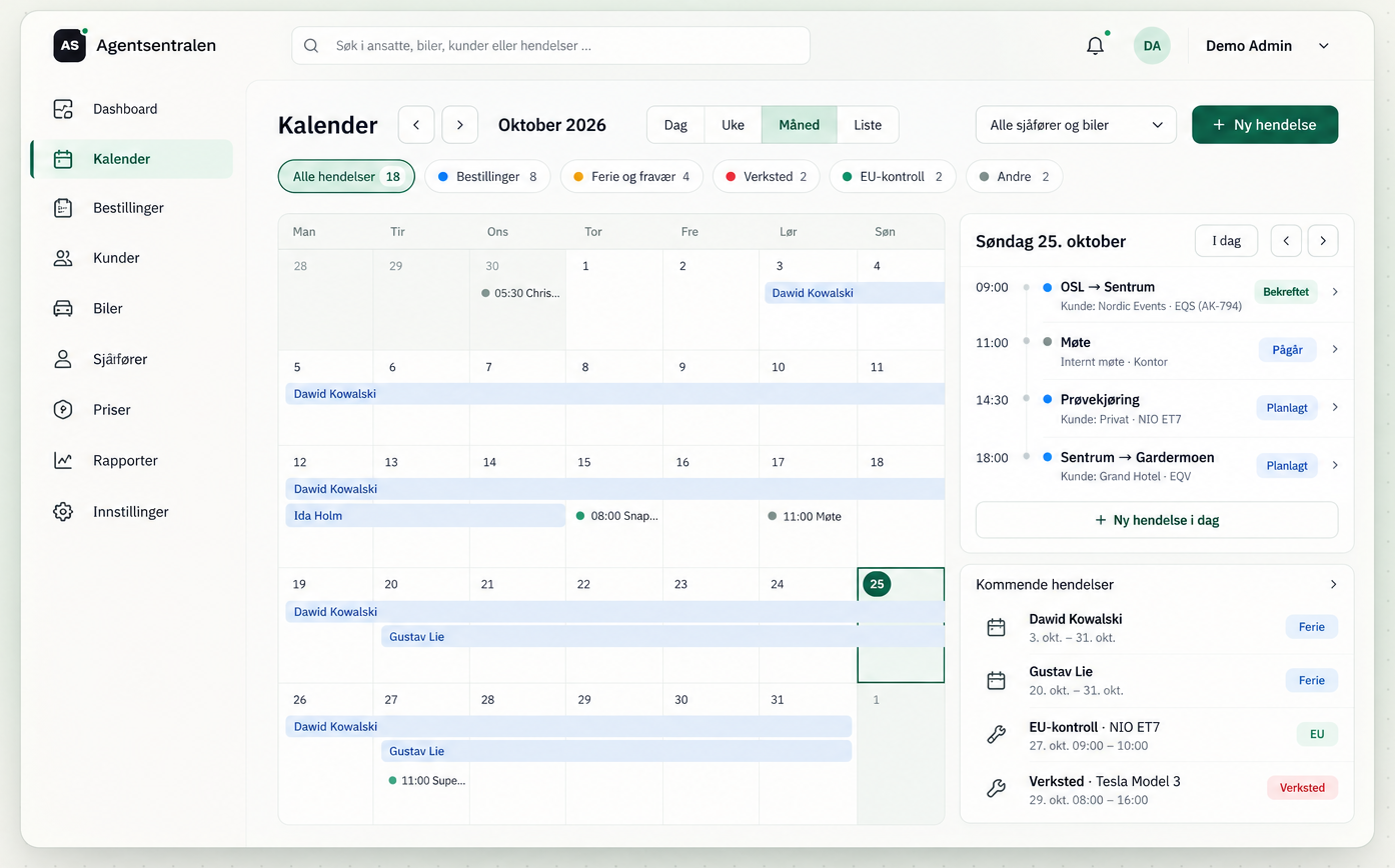 The calendar in the back office: bookings, holidays and absence, workshop visits and roadworthiness tests for cars and drivers in one month view, with today’s trips and upcoming events alongside